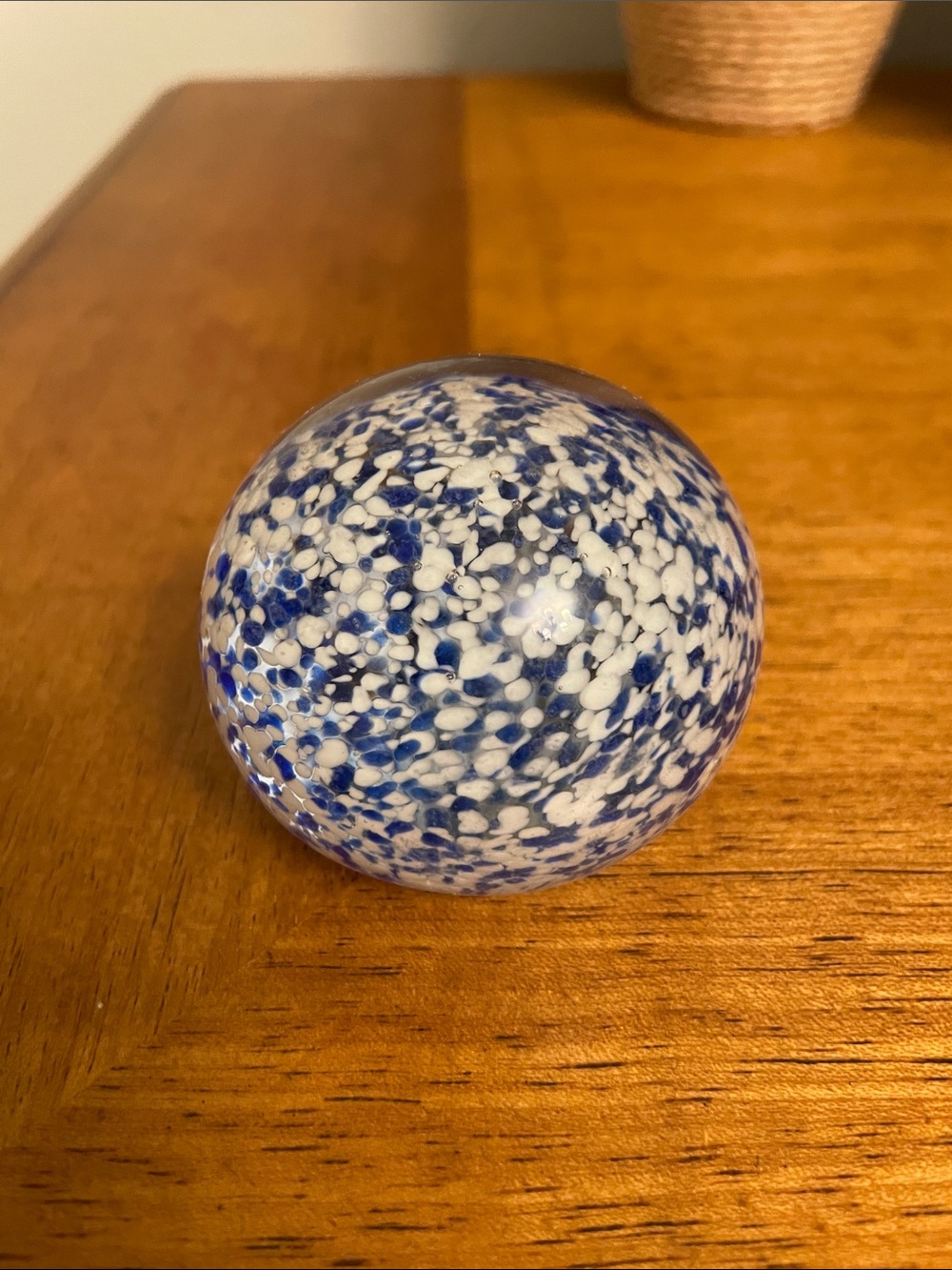 📍Vintage Handblown Art Glass Paperweight Blue & White Confetti Speckled